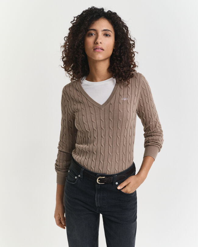 Zopfstrick V-Neck Pullover aus Stretch-Baumwolle