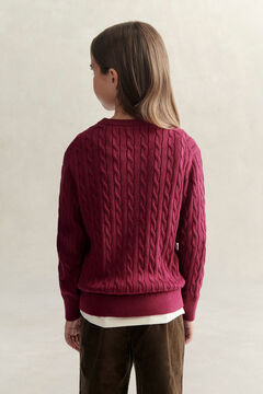 Teen Girls Shield Cable Knit Sweater — VIBRANT BURGUNDY 3