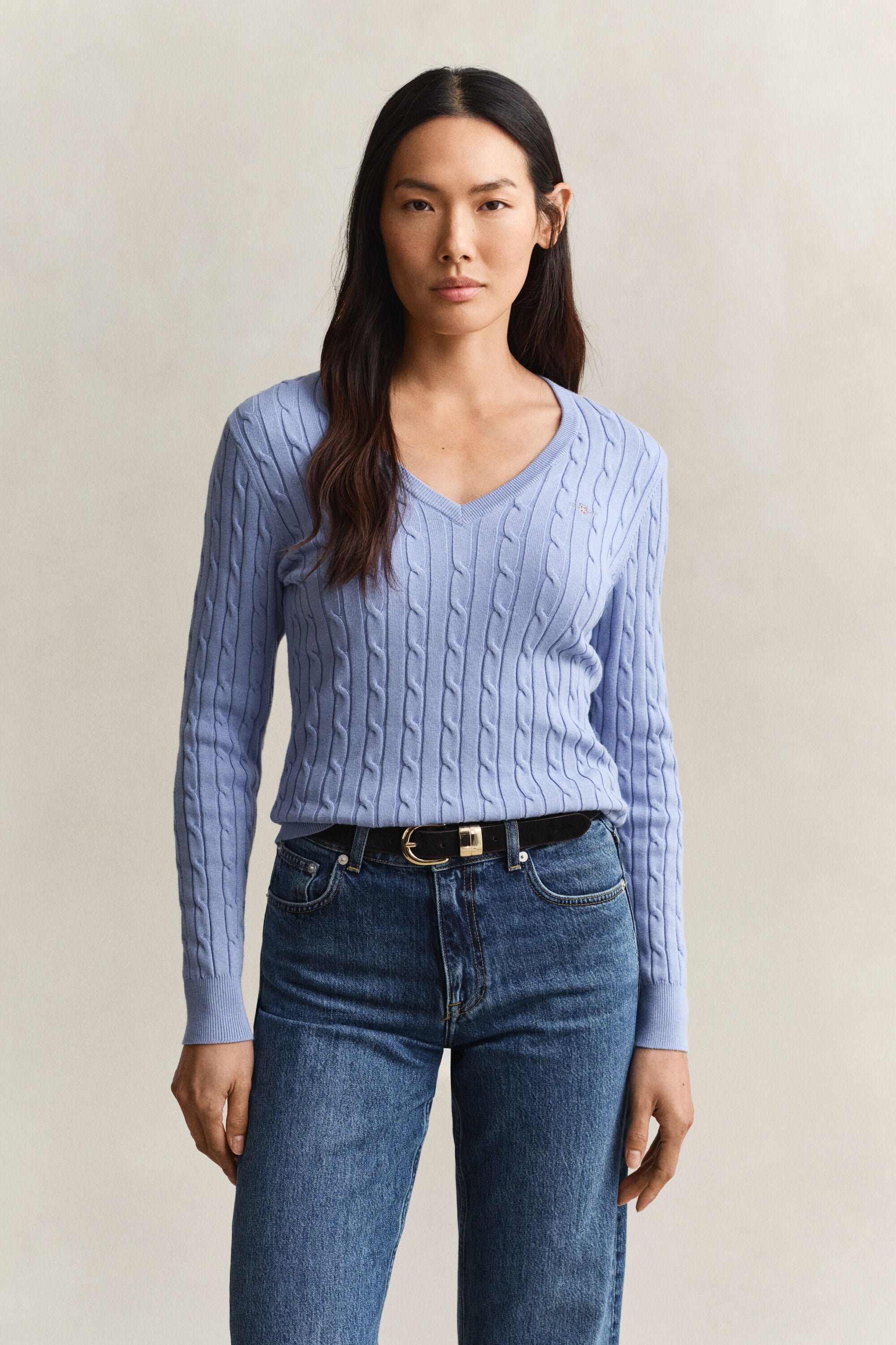 Zopfstrick V-Neck Pullover aus Stretch-Baumwolle