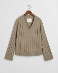 Breit gerippter V-Neck Wollpullover