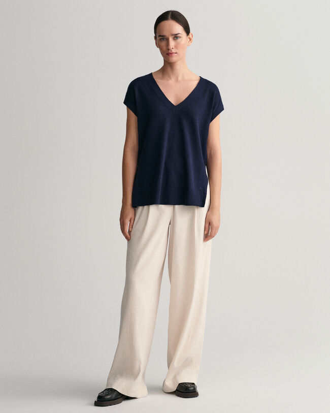 V-Neck Top aus Leinenmischgewebe
