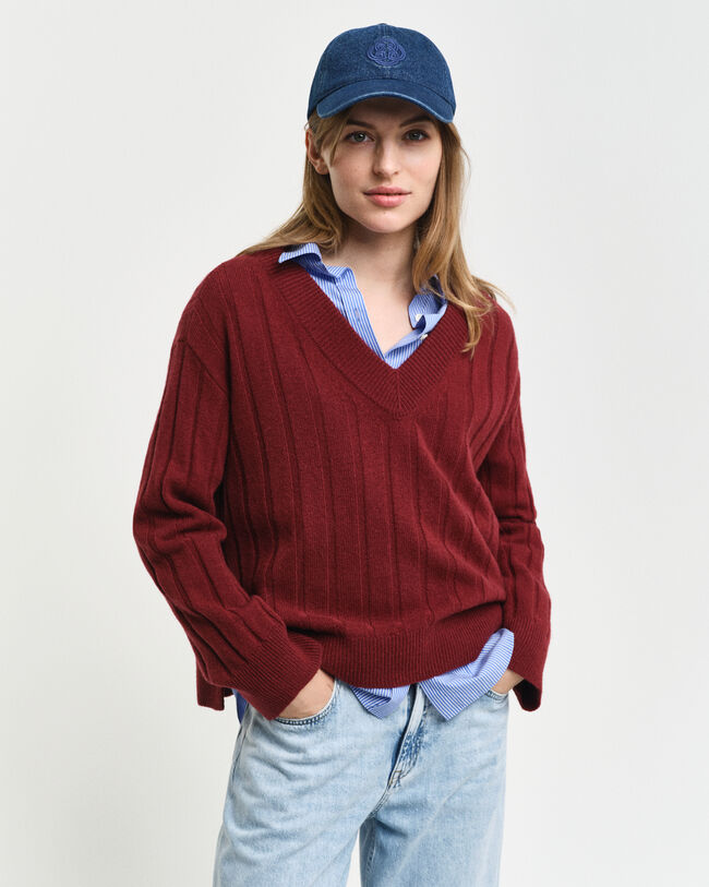 Breit gerippter V-Neck Wollpullover
