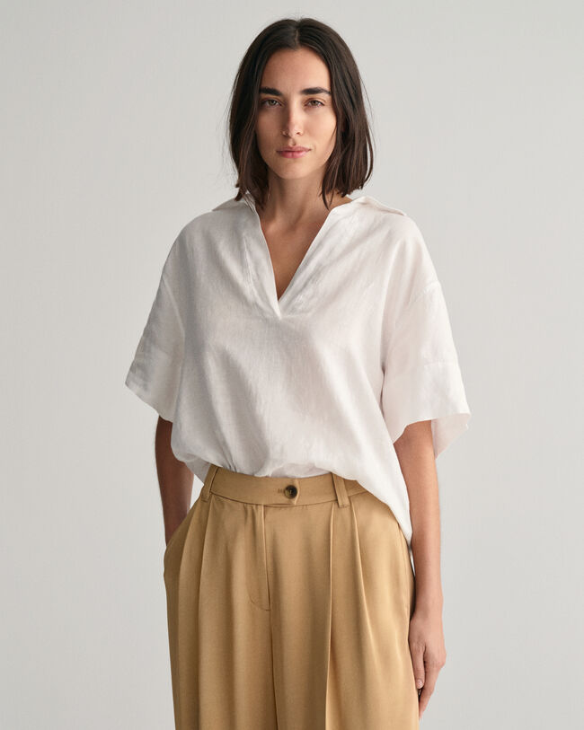 Relaxed Fit Popover Leinen Kurzarmbluse