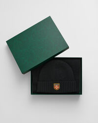 Badge Beanie und Schal aus Wolle im Geschenkset