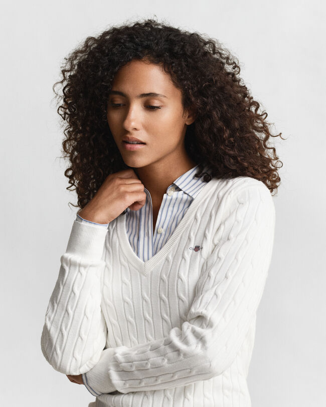 Zopfstrick V-Neck Pullover aus Stretch-Baumwolle