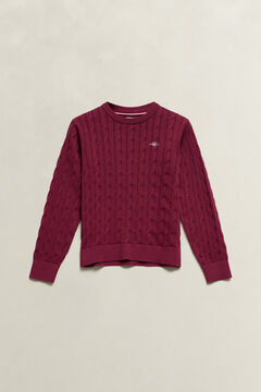 Girls Shield Cable Knit Sweater — VIBRANT BURGUNDY 2