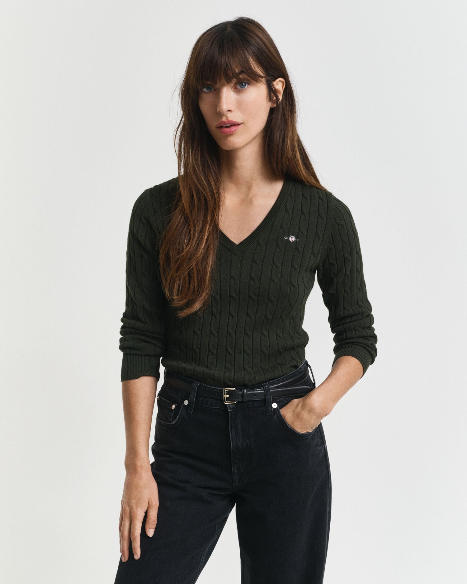 V-Neck Pullover mit Zopfmuster
