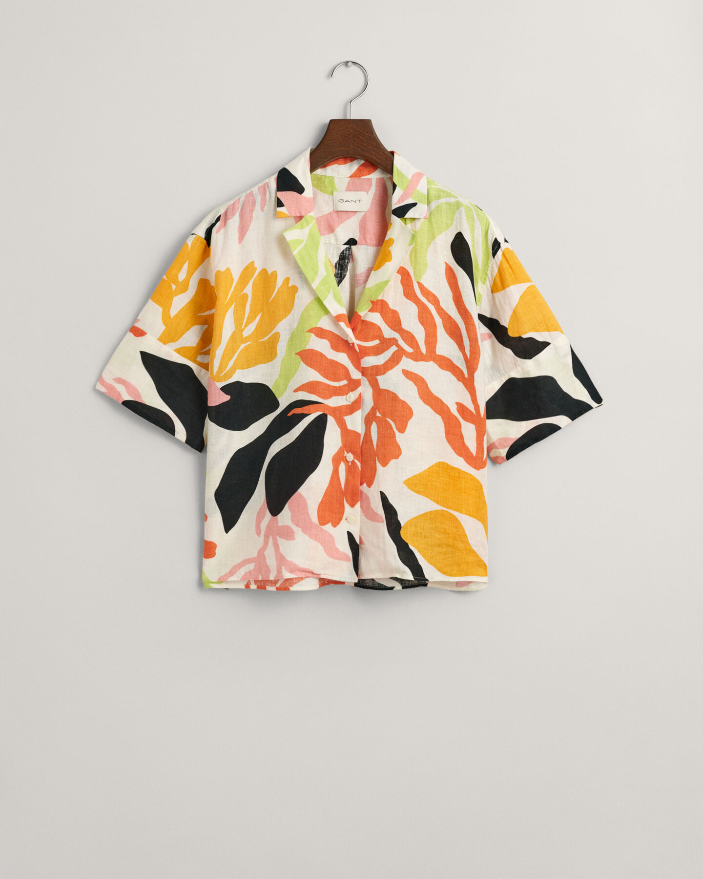 Relaxed Fit Palm Print Leinen Kurzarmbluse