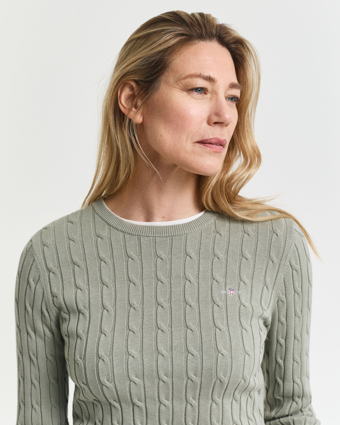 Zopfstrick Rundhalspullover aus Stretch-Baumwolle