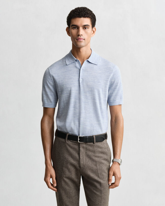 Kurz&auml;rmeliger Polopullover aus extrafeiner Merinowolle