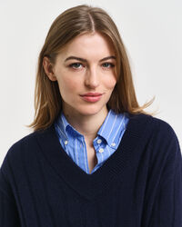 Breit gerippter V-Neck Wollpullover