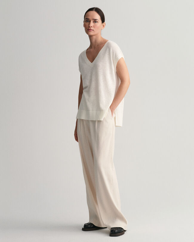 V-Neck Top aus Leinenmischgewebe