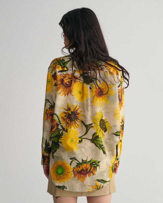 Relaxed Fit Baumwoll Seiden Bluse mit Sonnenblumen-Print