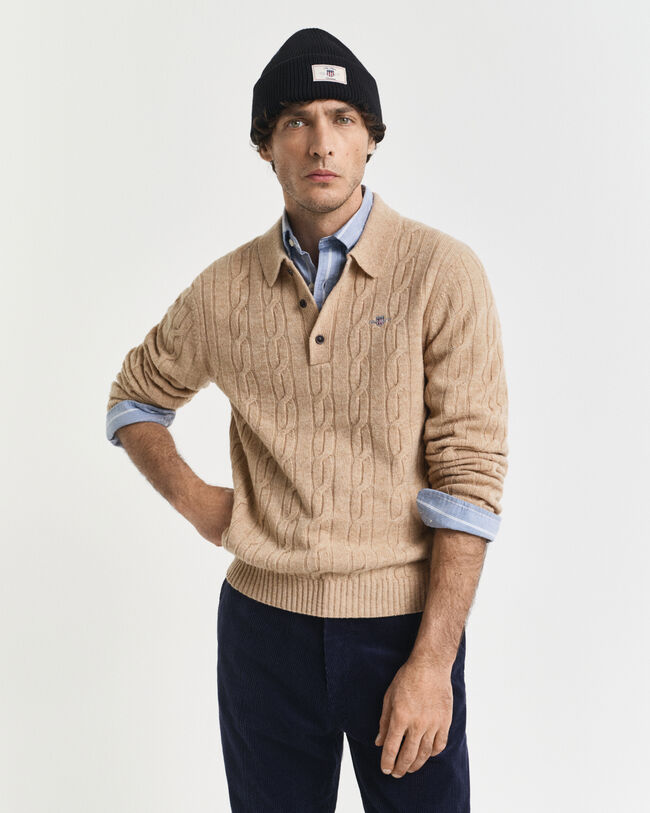 Lambswool Zopfstrick Polopullover