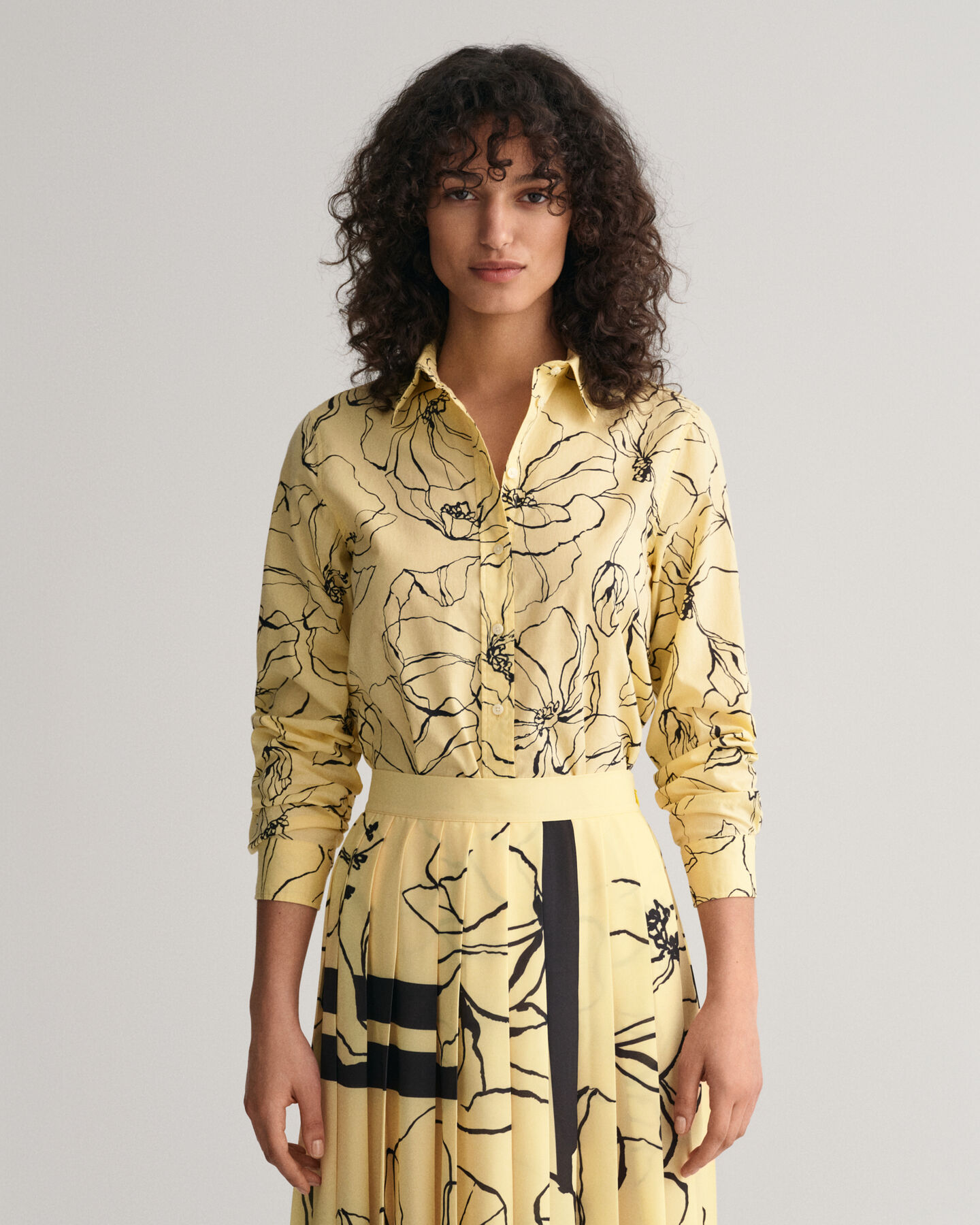 Regular Fit Line Drawing Bluse aus Baumwoll-Voile