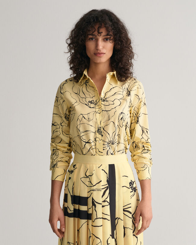 Regular Fit Line Drawing Bluse aus Baumwoll-Voile