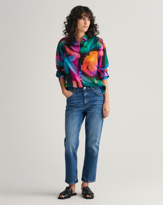 Relaxed Fit Baumwoll Seiden Bluse mit Blumen-Print