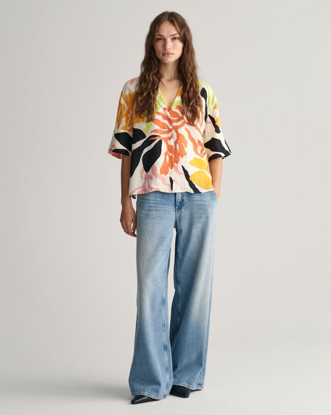Relaxed Fit Palm Print Leinen Kurzarmbluse