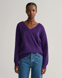Gerippter V-Neck Wollpullover