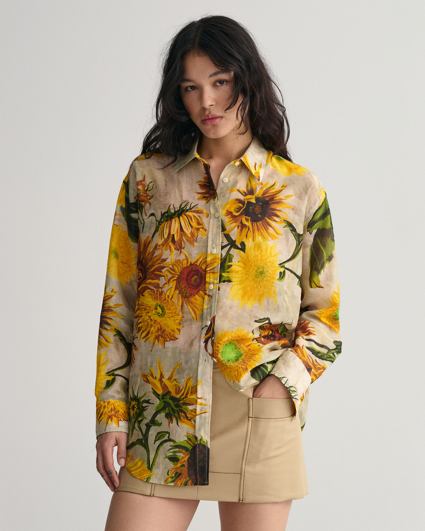 Relaxed Fit Baumwoll Seiden Bluse mit Sonnenblumen-Print