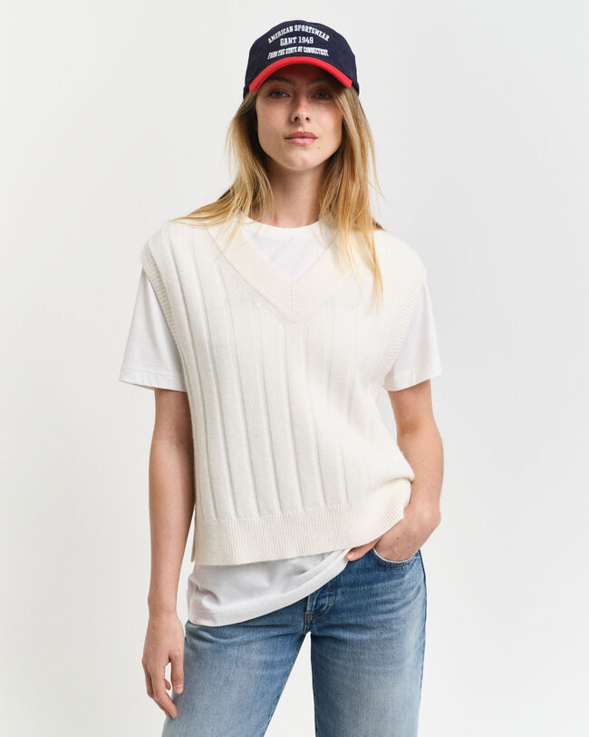 Breit gerippter V-Neck Wollpullunder