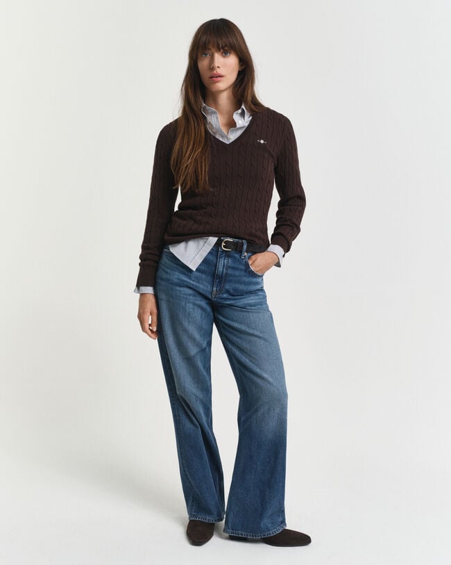 Zopfstrick V-Neck Pullover aus Stretch-Baumwolle