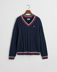 Teens Zopfstrick V-Neck Pullover mit Streifen