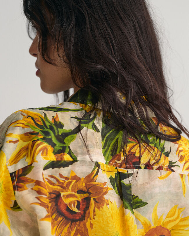 Relaxed Fit Baumwoll Seiden Bluse mit Sonnenblumen-Print