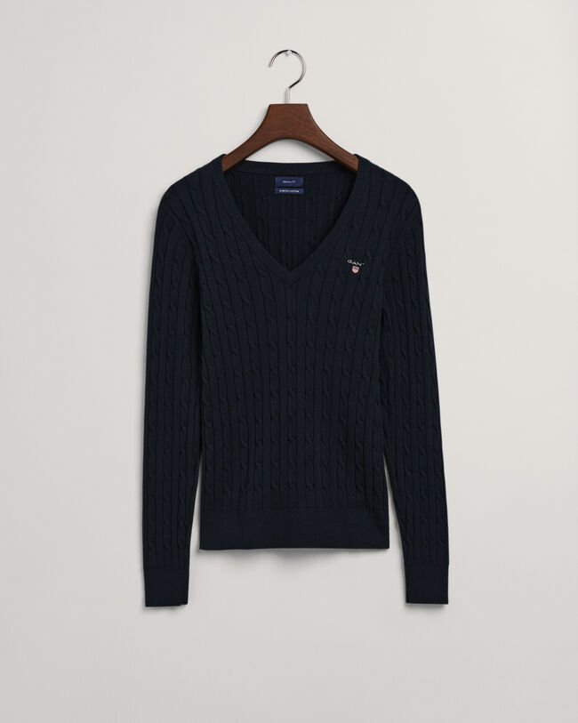 V-Neck Pullover aus Stretch-Baumwolle mit Zopfmuster