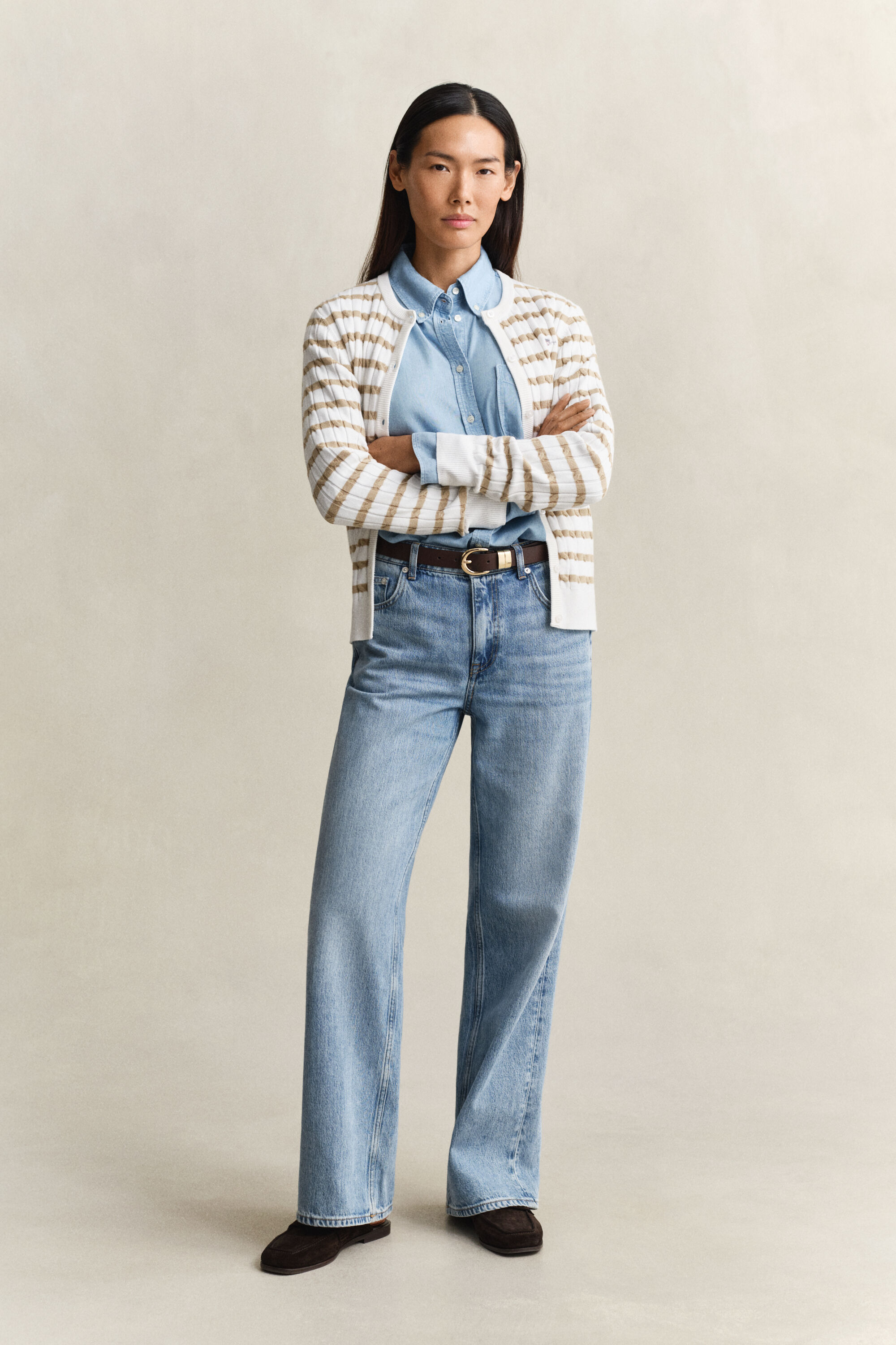 Gestreifte Zopfstrick Strickjacke