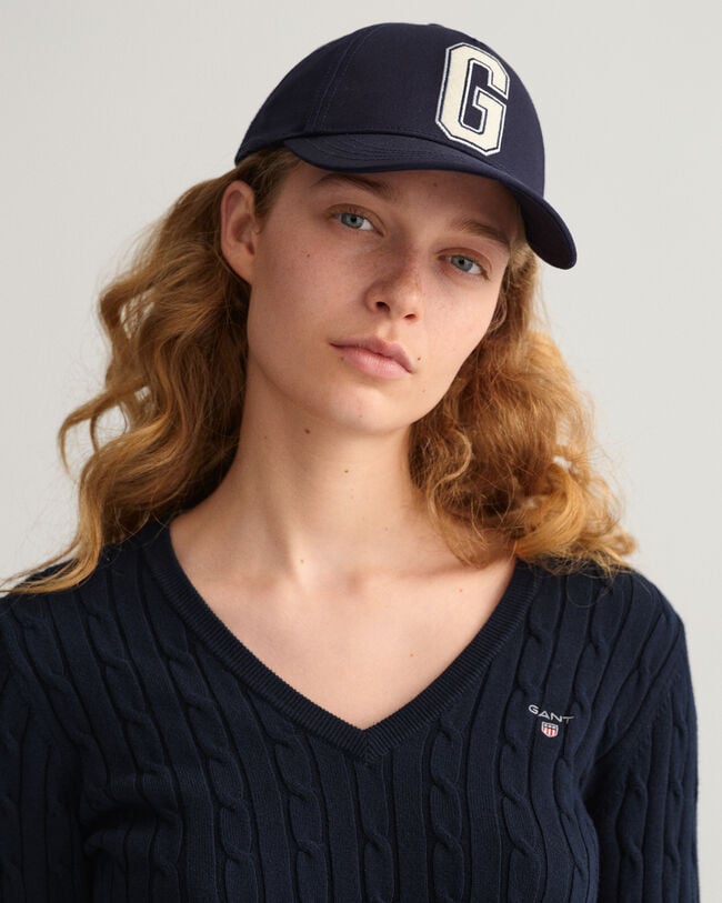 V-Neck Pullover aus Stretch-Baumwolle mit Zopfmuster