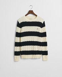 Gestreifter Zopfstrick-Rundhalspullover aus Baumwolle