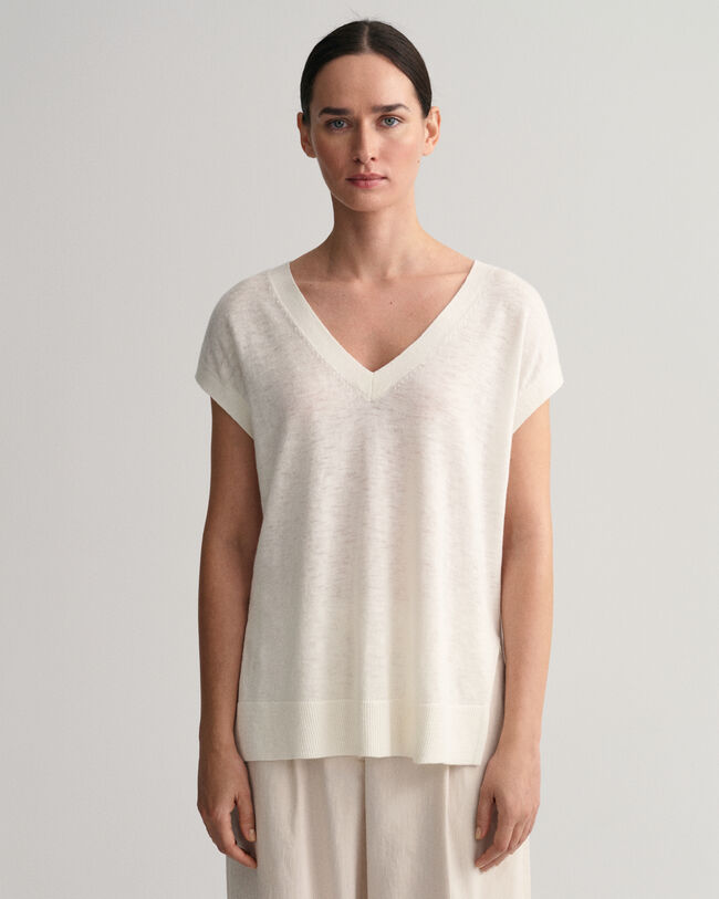 V-Neck Top aus Leinenmischgewebe