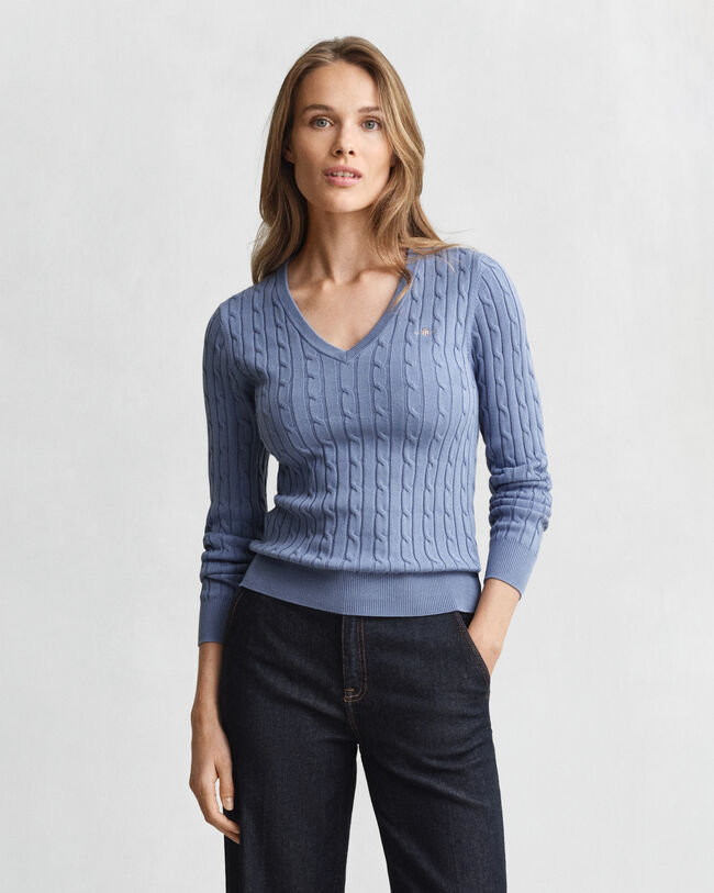 Zopfstrick V-Neck Pullover aus Stretch-Baumwolle