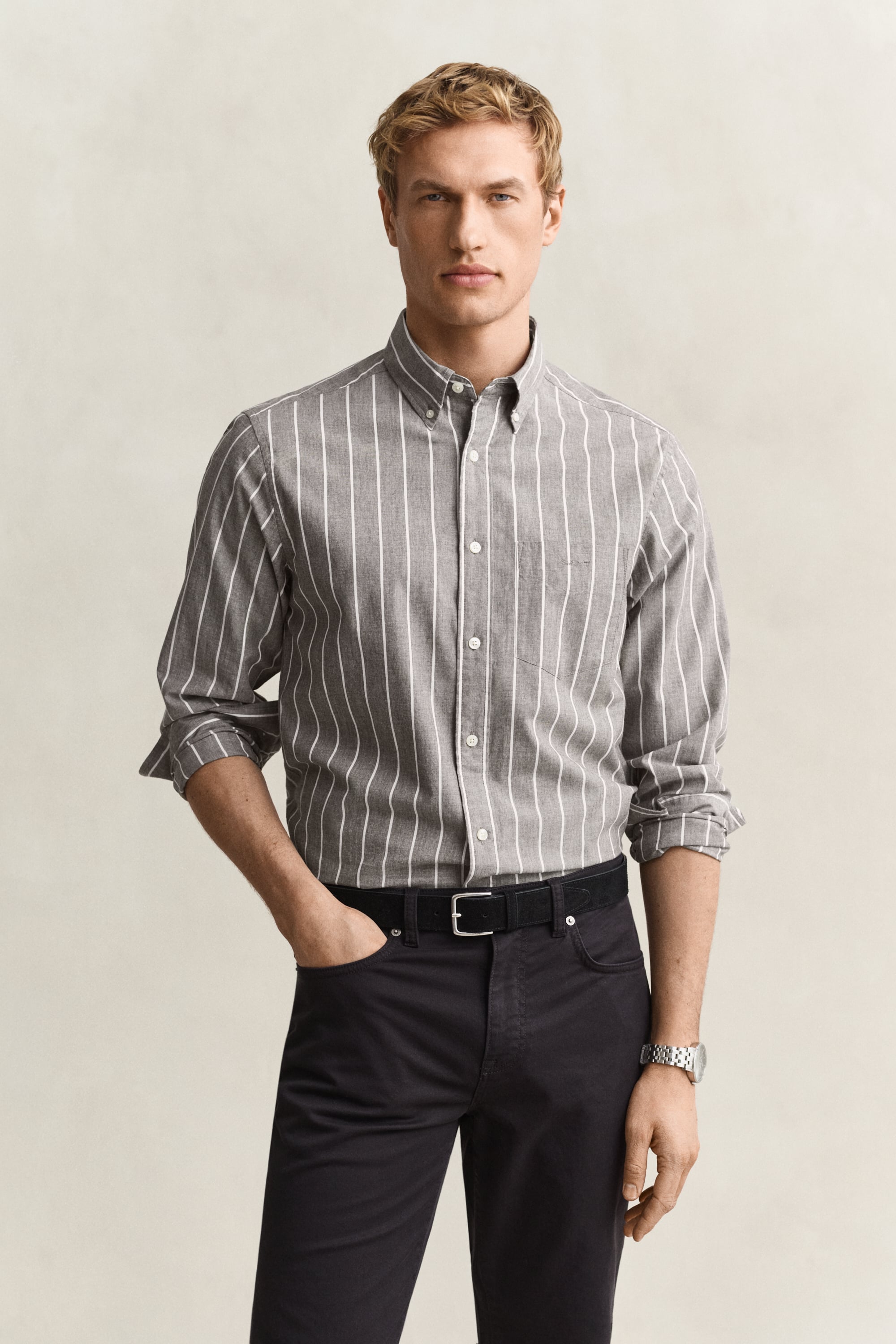Gant Herren - Gestreiftes Hemd Aus Melierter Popeline Brown Melange - Gr. - L - Bild 6