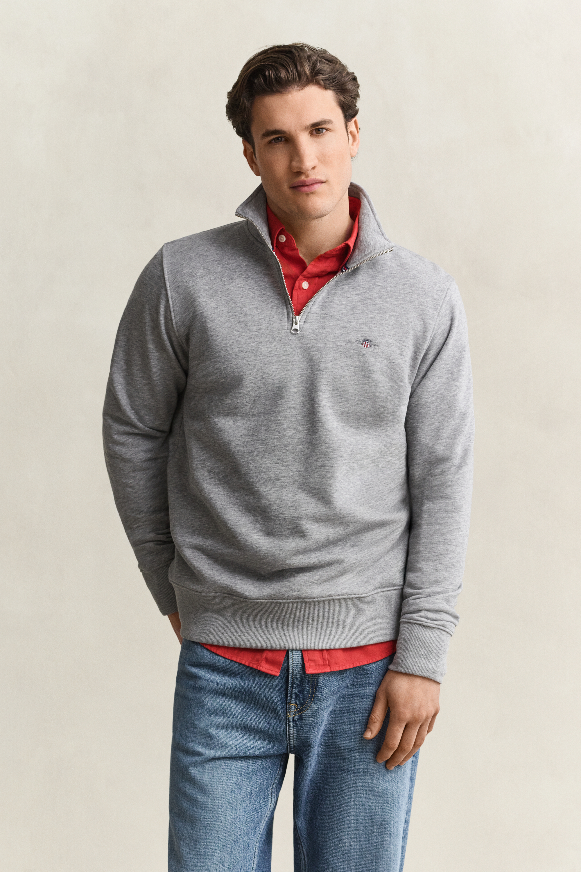 Hemden Gant Herren Grau Shield Regular Fit Sweatshirt Zip Melange - Bild 7