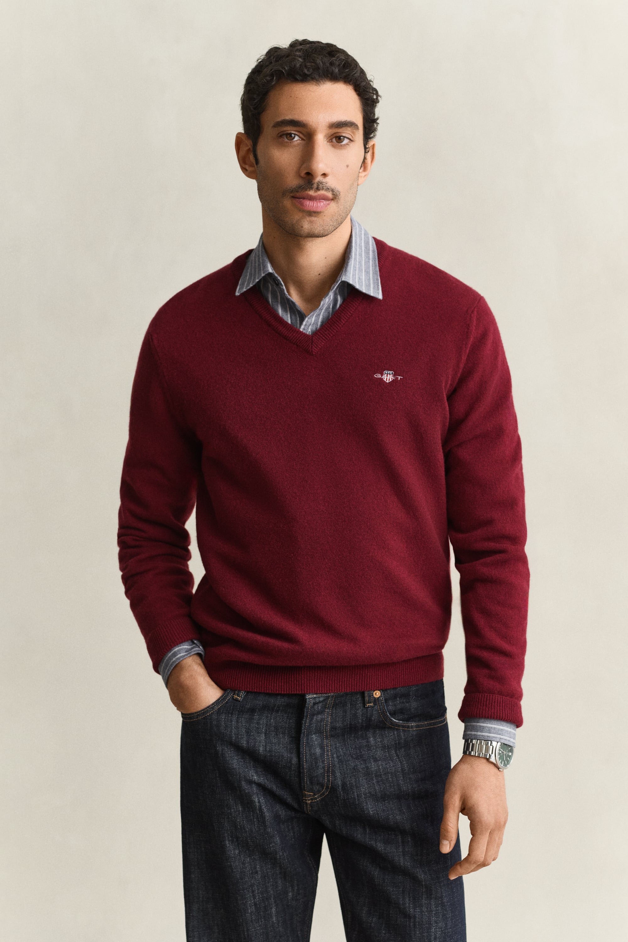Gant Herren Plumped Rot V-Neck Pullover Aus Lambswool (L)