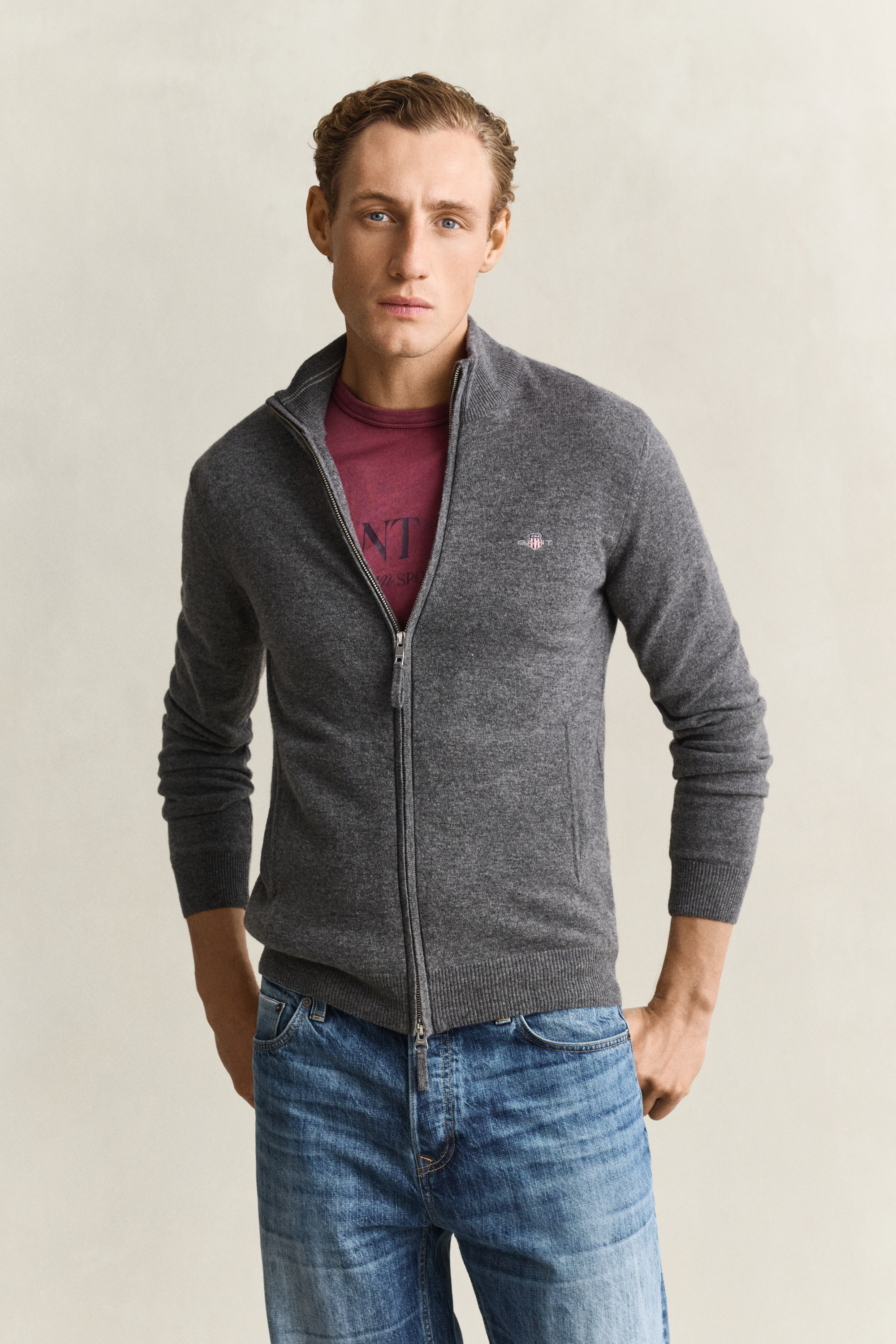 Gant Herren - Strickjacke Aus Lambswool Mit Reißverschluss Charcoal Melange - Gr. - Xl - Bild 7