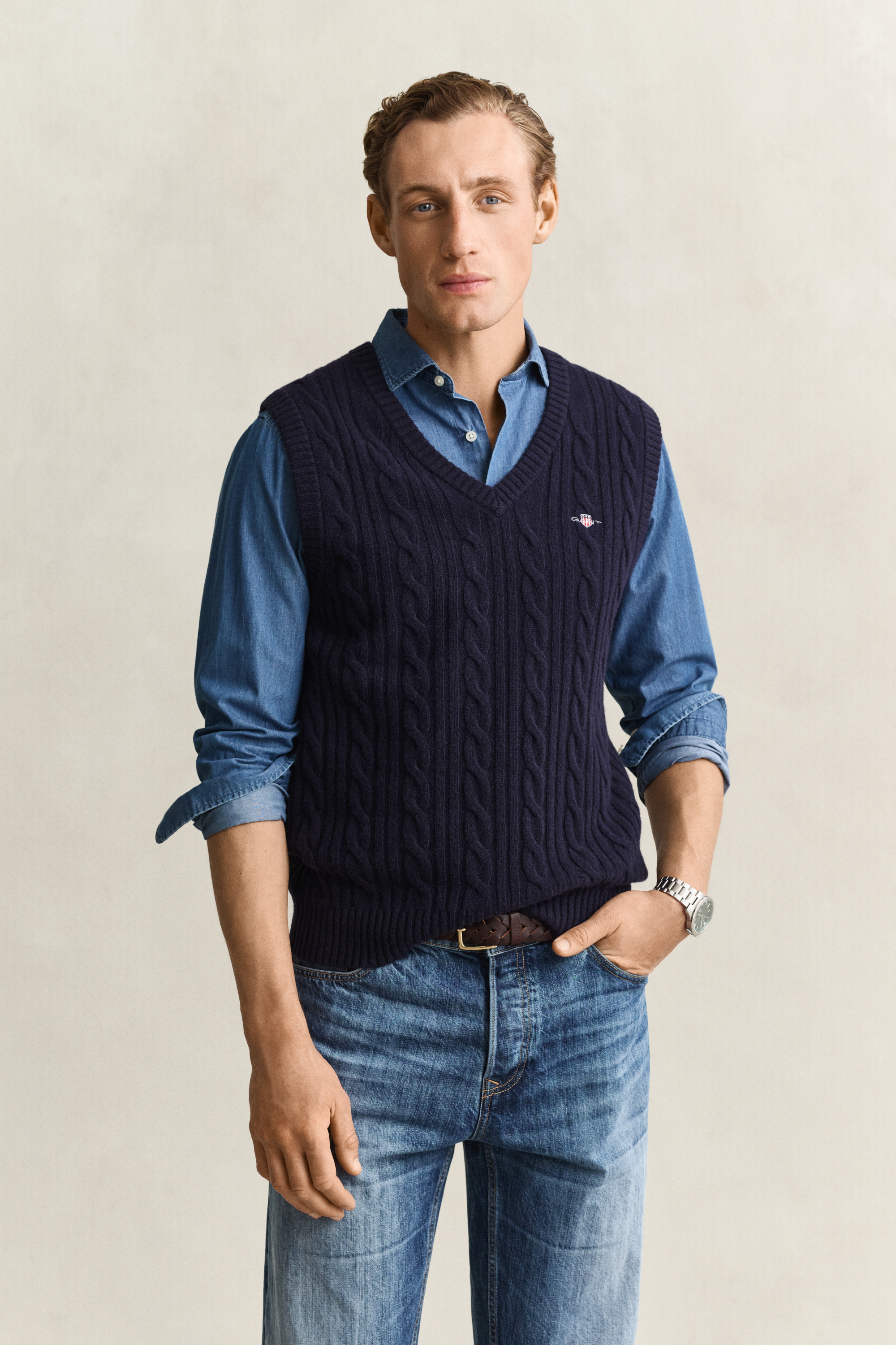 Gant Herren Evening Blau Zopfstrick Pullunder Aus Lambswool (L)