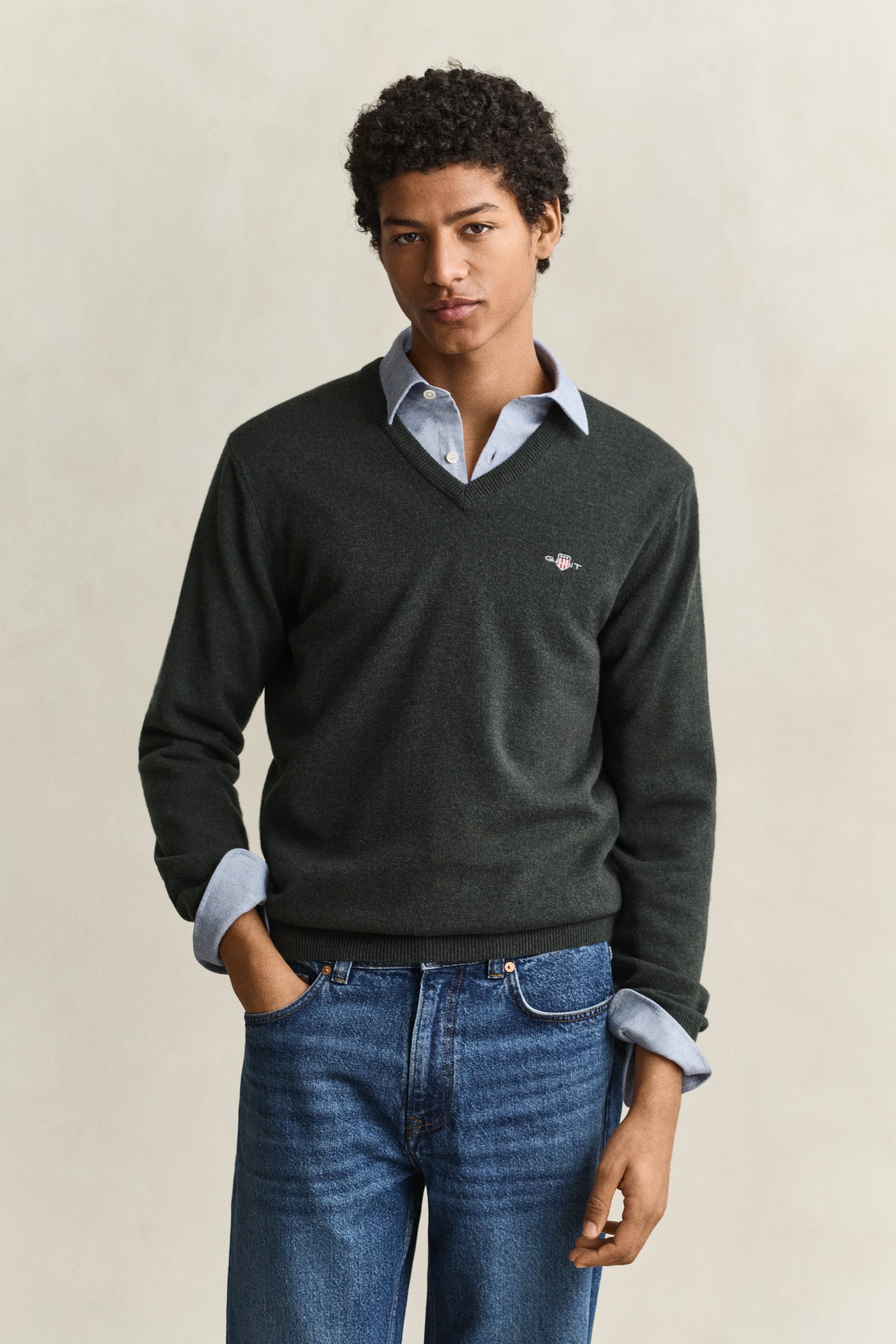 Gant Herren Dark Moss Grün V-Neck Pullover Aus Lambswool (L)