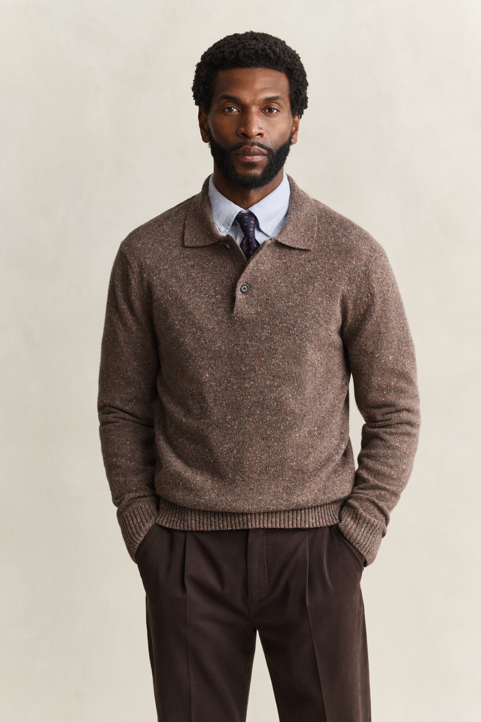 Gant Unisex Marron Langarm-Polo Aus Mischwolle Mit Melange-Effekt - Bild 5