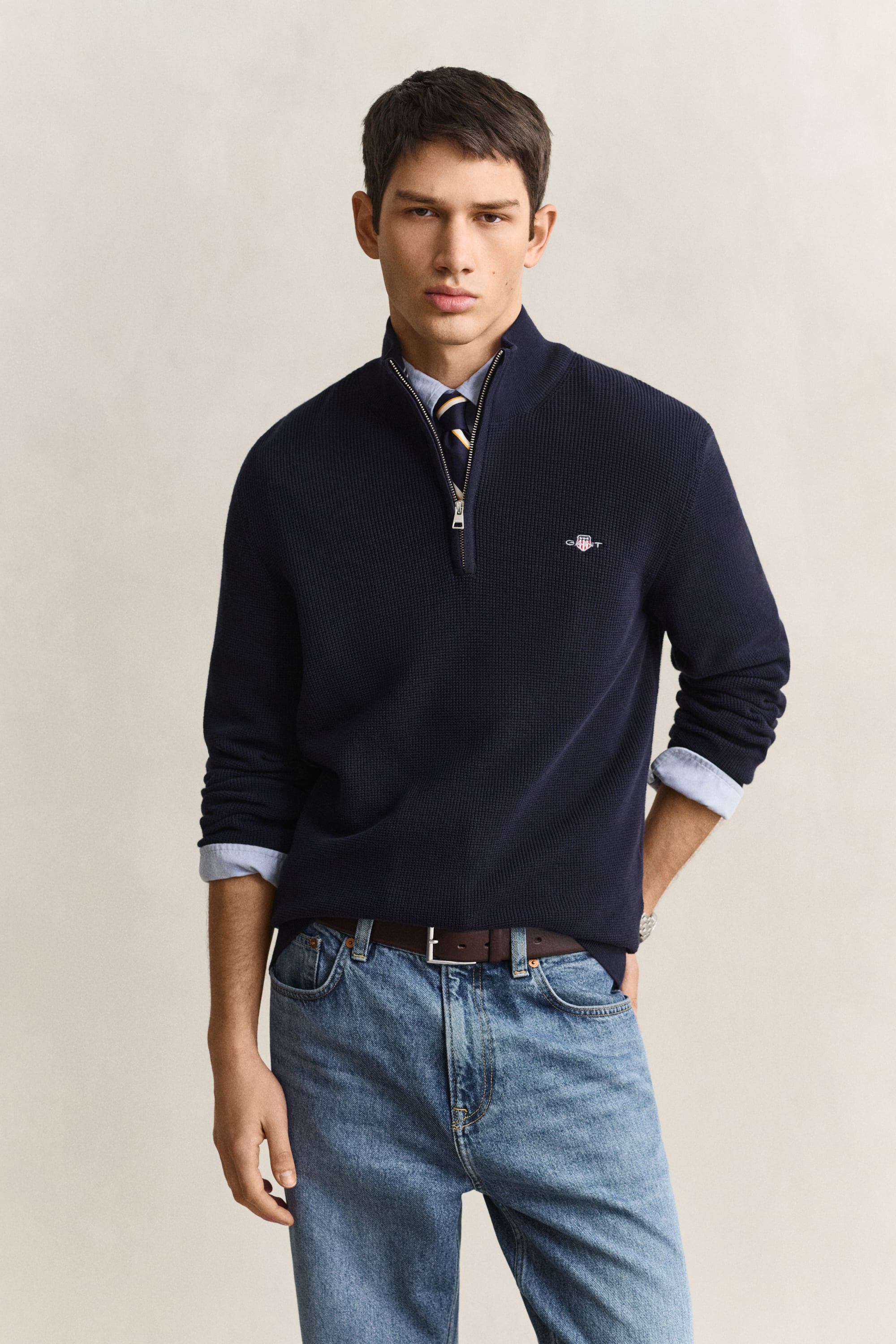Gant Herren Blau Troyer "Micro Textured Cotton Half Zip", Gr. L, (Evening ), Obermaterial: 100% Baumwolle, Unifarben, Regular Fit Normal, Rund... - Bild 5