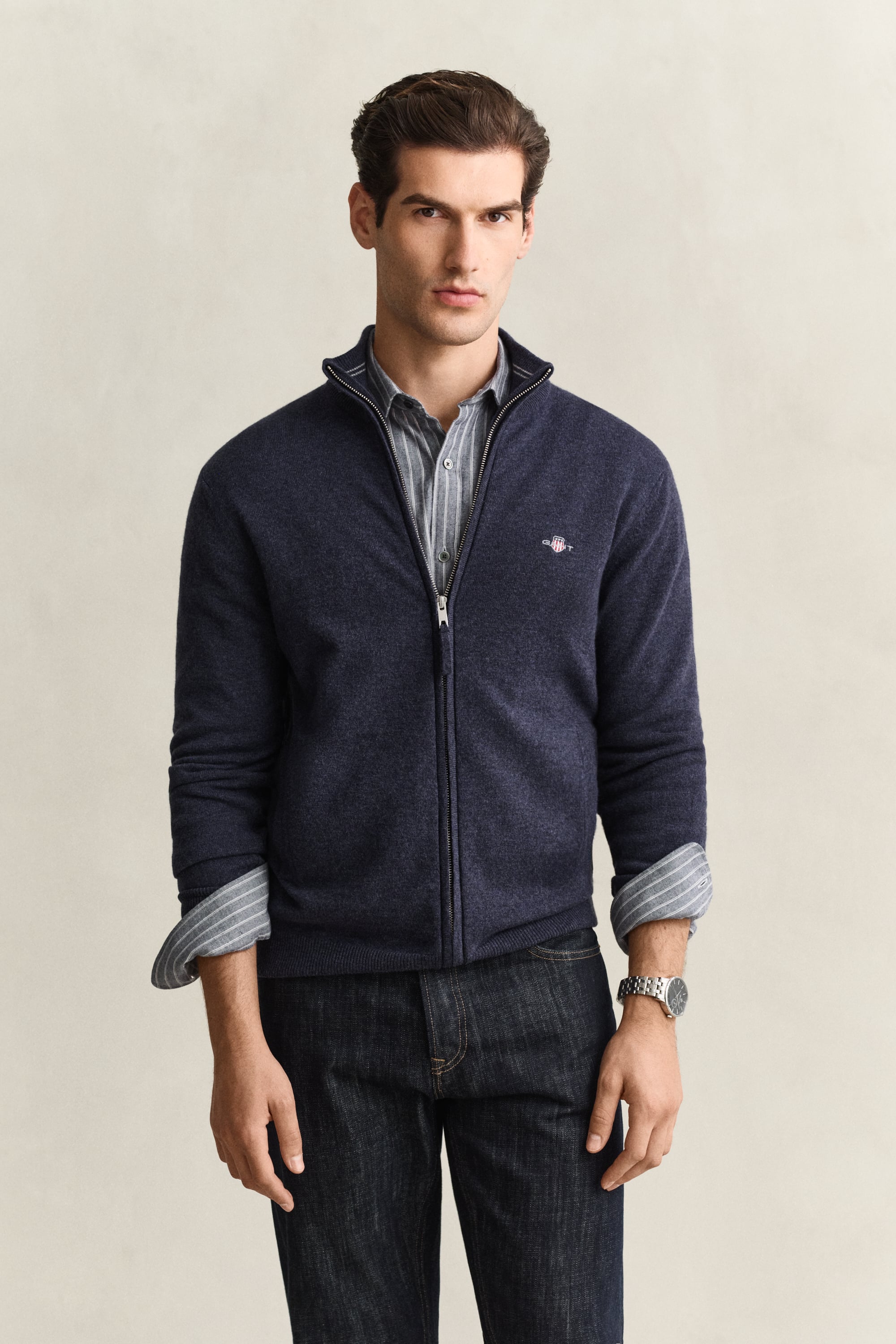 Gant Herren Schwarz/Dunkelblau Cardigan "Superfine Lambswool", Gr. L, Blau ( Navy Melange), Strick, Obermaterial: 100% Wolle, Normal, Rippbündchen, Strickjack... - Bild 5
