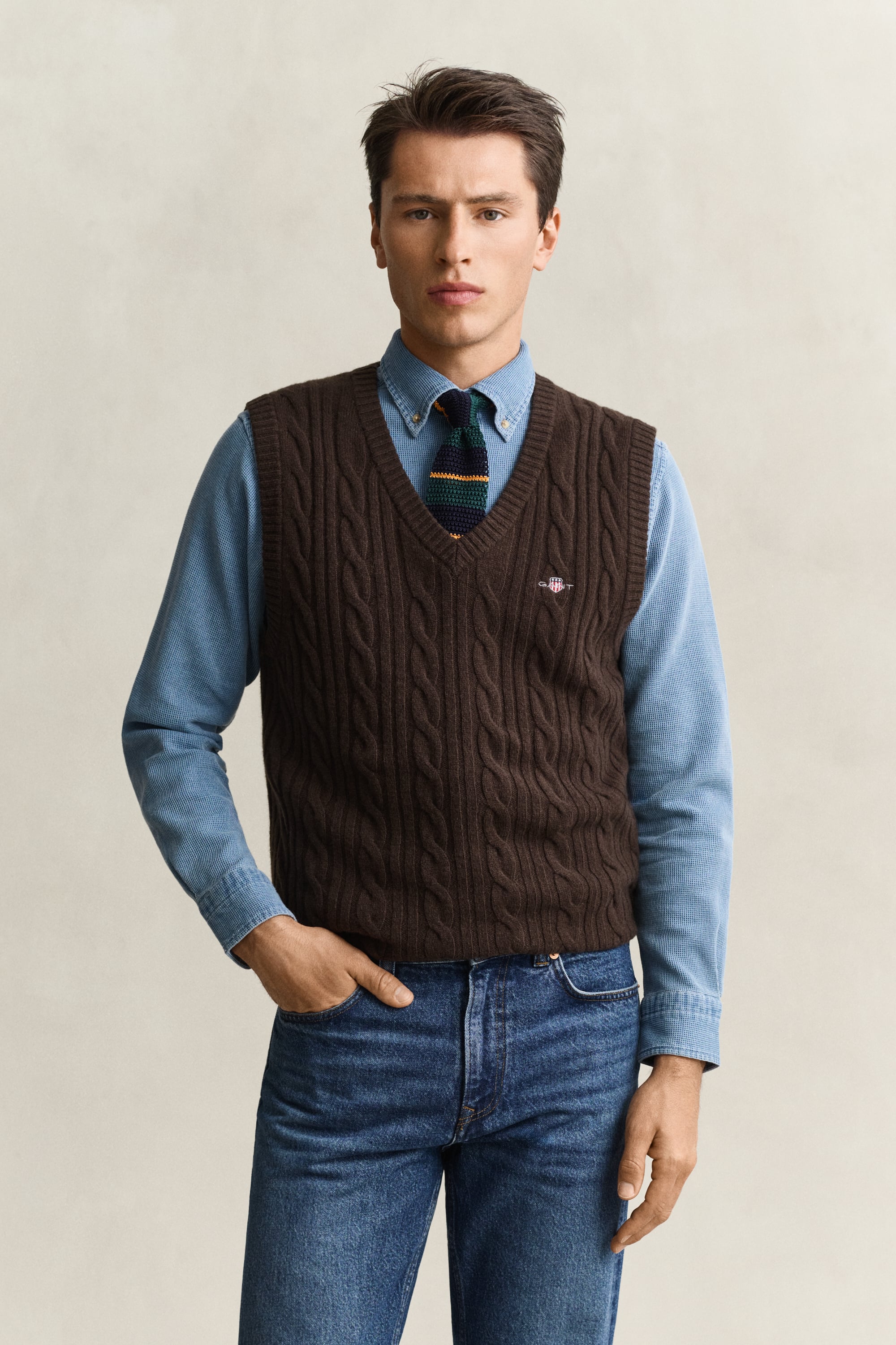 Gant Herren Schwarz Braun Zopfstrick Pullunder Aus Lambswool (L)