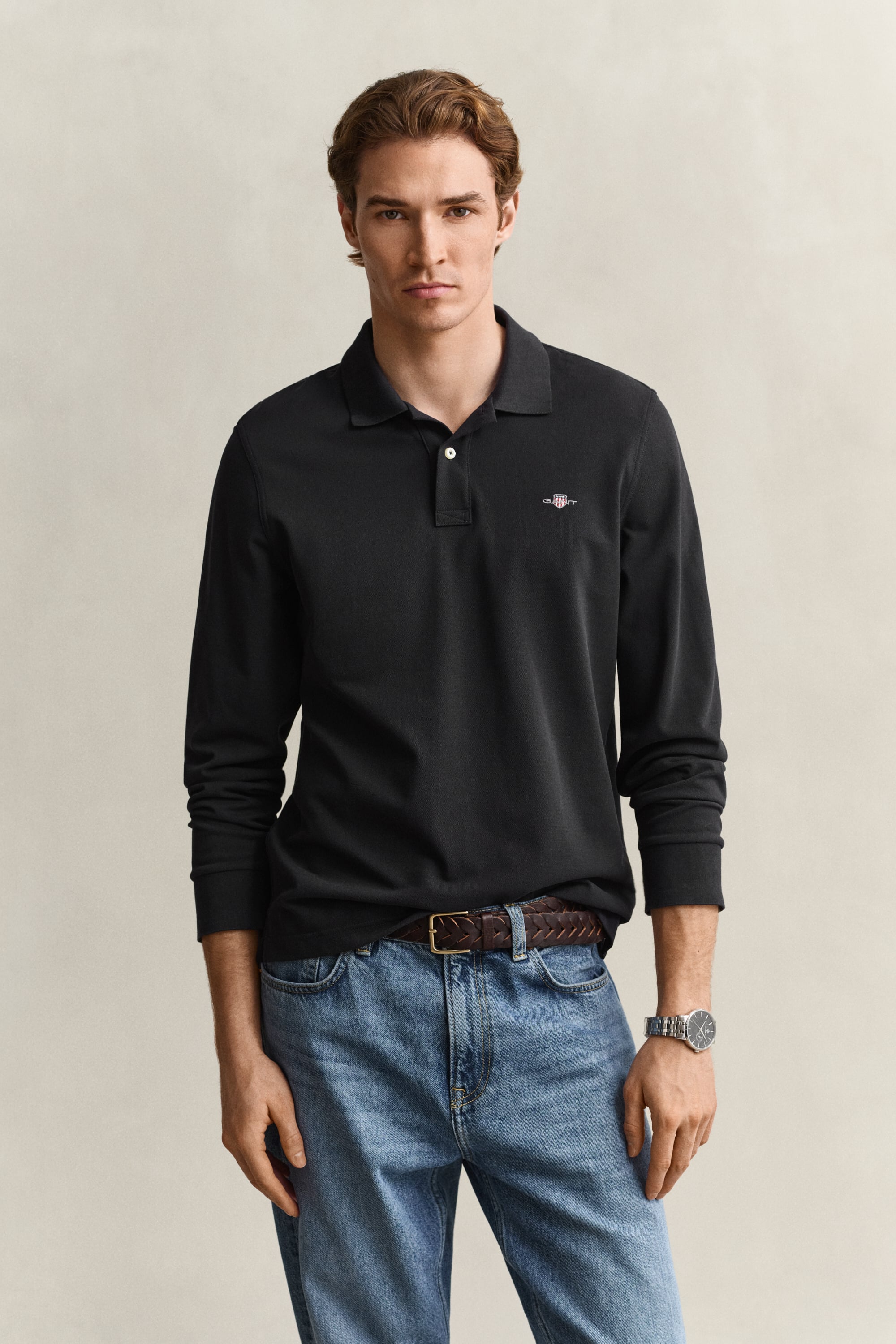 Gant Herren Schwarz Langarm-Polo Aus Piqué-Baumwolle Reg Shield - Image 6
