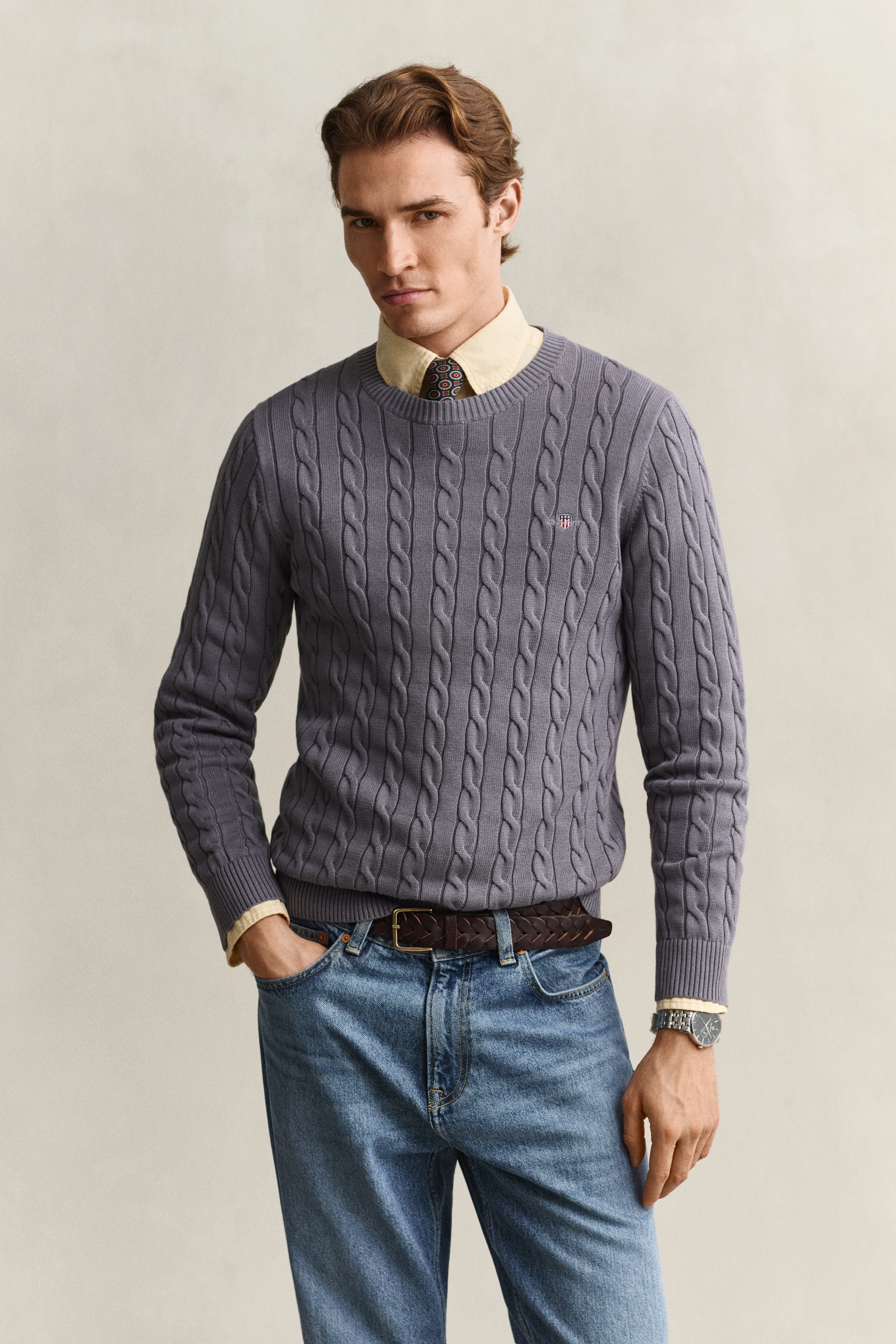 Hemden Gant Herren Grau Regular Fit Strickpullover Rundhals, Einfarbig - Bild 3