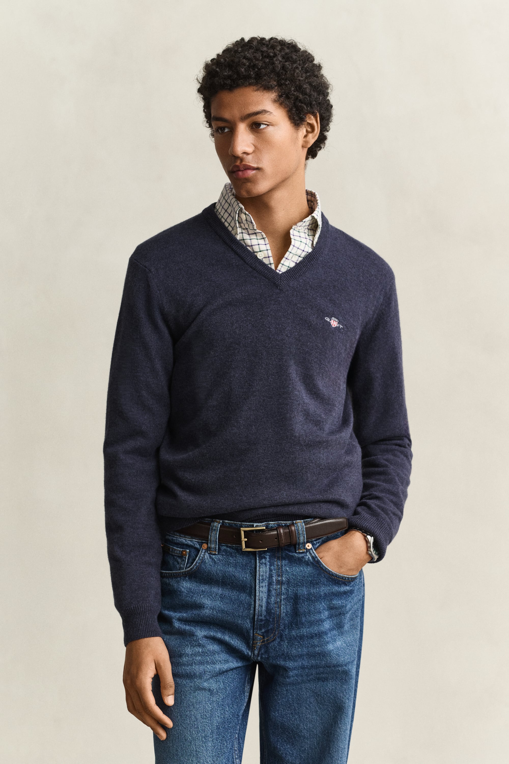 Gant Herren Schwarz/Dunkelblau V-Ausschnitt-Pullover "Superfine Lambswool V-Neck", Gr. L, Blau ( Navy Melange), Strick, Obermaterial: 100% Wolle, Normal, V-Au... - Bild 3